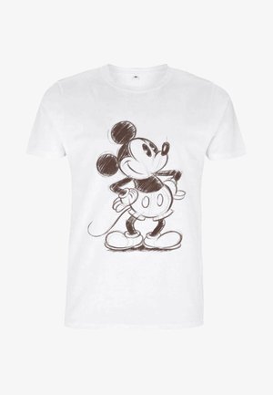 Camiseta de algodón blanca con un boceto negro de un personaje de dibujos animados con grandes orejas, que lleva pantalones cortos y zapatos, en una pose juguetona.