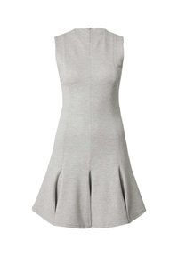 Graues ärmelloses Kleid aus softem Stoff, mit einem taillierten Oberteil und einem ausgestellten Rock mit Faltendetails am Saum. Reißverschluss hinten.