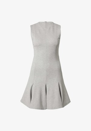 Graues ärmelloses Kleid aus softem Stoff, mit einem taillierten Oberteil und einem ausgestellten Rock mit Faltendetails am Saum. Reißverschluss hinten.