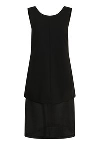 Robe noire sans manches à plusieurs couches avec un col rond et une couche inférieure transparente qui dépasse la couche supérieure opaque.