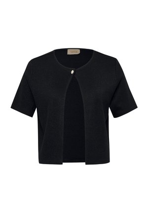Cardigan noir à manches courtes avec un col rond, une ouverture frontale et une fermeture à un bouton rond. Présente une texture légèrement brillante.