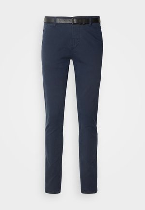 Navy blue cotton pants with a slim fit, featuring a textured black leather belt and classic pockets. Clean design, no patterns.