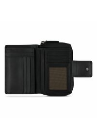 Cartera de cuero negro que cuenta con múltiples ranuras para tarjetas, una ventana transparente para la identificación y un compartimento para monedas con cierre de cremallera. Textura suave en toda su superficie.