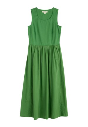 Green sleeveless dress with a fitted bodice, wide neckline, and gathered skirt. Made of lightweight fabric with a smooth texture.