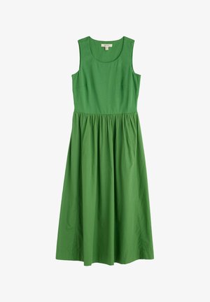 Green sleeveless dress with a fitted bodice, wide neckline, and gathered skirt. Made of lightweight fabric with a smooth texture.