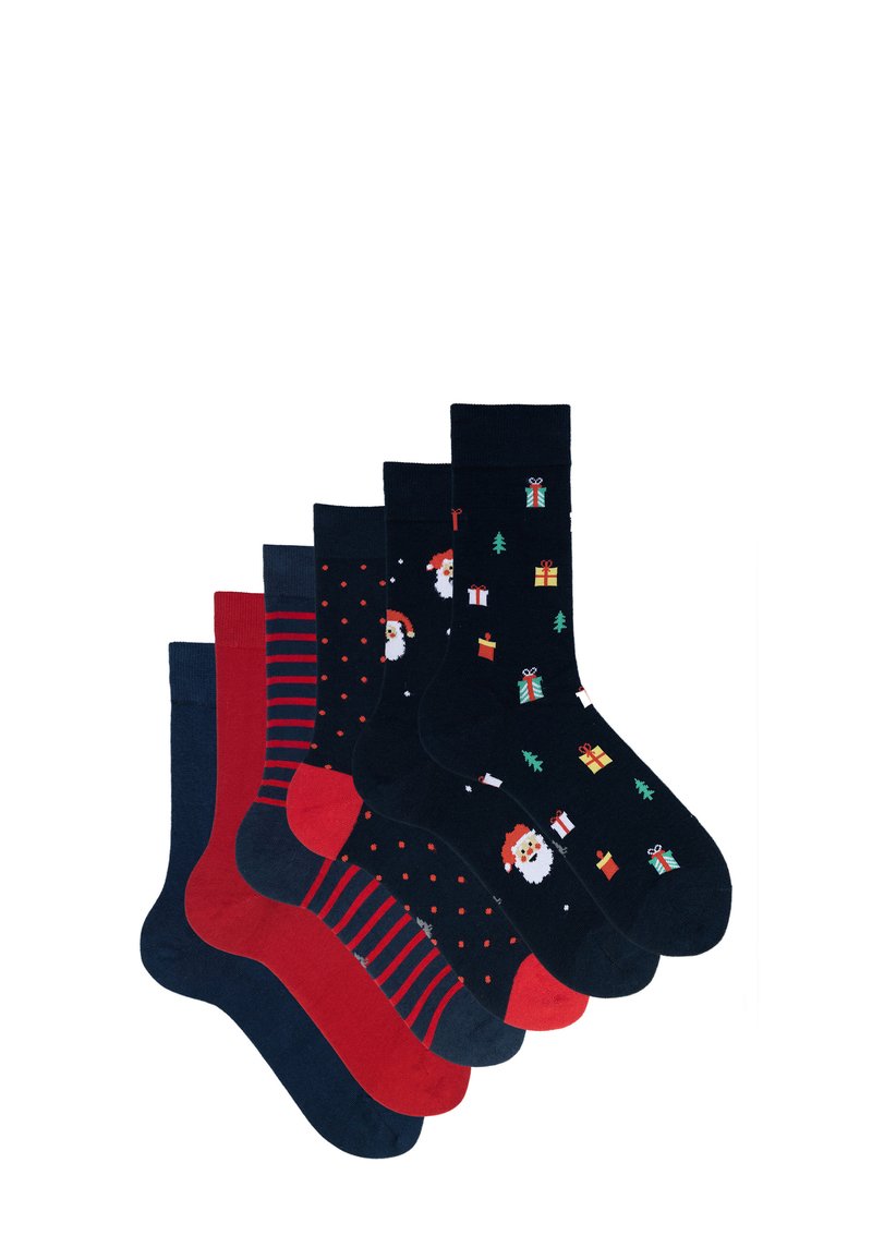 Set di sei calzini in vari colori. Include blu navy, rosso, e motivi come strisce, pois, Babbo Natale e regali di Natale. Materiale in cotone.