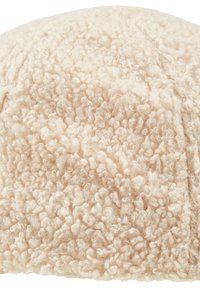 Cremfarbener Wollhut mit einer strukturierten, flauschigen Oberfläche. Die runde Form und die sichtbaren Nähte betonen das Design.