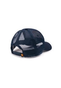 Marinblå baseballkeps med solid front och ventilerad meshbak. Har justerbar rem och liten logotyp nära remmen.