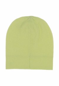 Berretto in maglia di colore verde chiaro, forma cilindrica. Texture morbida con una parte superiore senza cuciture, caratterizzato da un sottile polsino a coste nella parte inferiore.