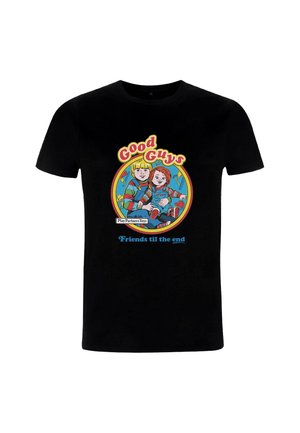 Zwarte katoenen t-shirt met een kleurrijke bedrukte afbeelding van twee personages, met de tekst "Good Guys" en "Friends til the end."