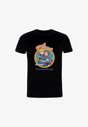 Zwarte katoenen t-shirt met een kleurrijke bedrukte afbeelding van twee personages, met de tekst "Good Guys" en "Friends til the end."