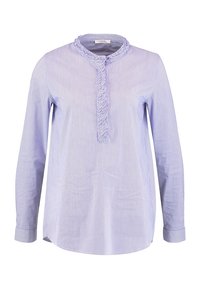 Modrá a bílá pruhovaná košile s dlouhým rukávem, volánkovým límcem a légou na knoflíky, vyrobená z lehkého materiálu, s rovnýma lemováním.