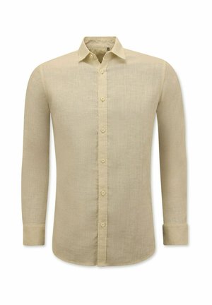 Lange mouwen button-up shirt in lichtbeige linnen, met een klassieke kraag, subtiele textuur en een voorpaspel met knopen.