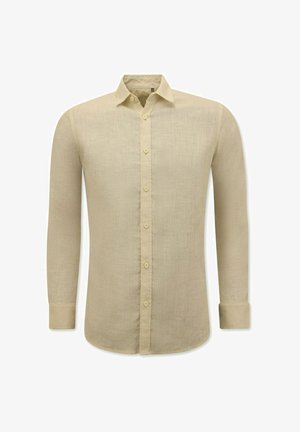 Lange mouwen button-up shirt in lichtbeige linnen, met een klassieke kraag, subtiele textuur en een voorpaspel met knopen.