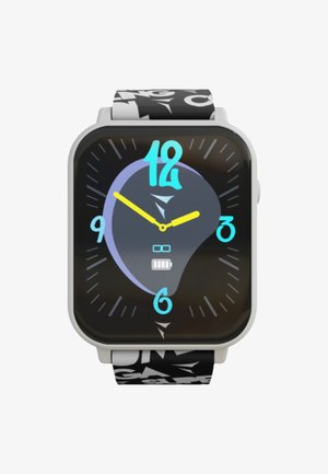 Montre intelligente carrée avec un boîtier en aluminium gris, écran numérique coloré, bracelet noir avec du texte blanc, et des éléments graphiques de style cartoon.