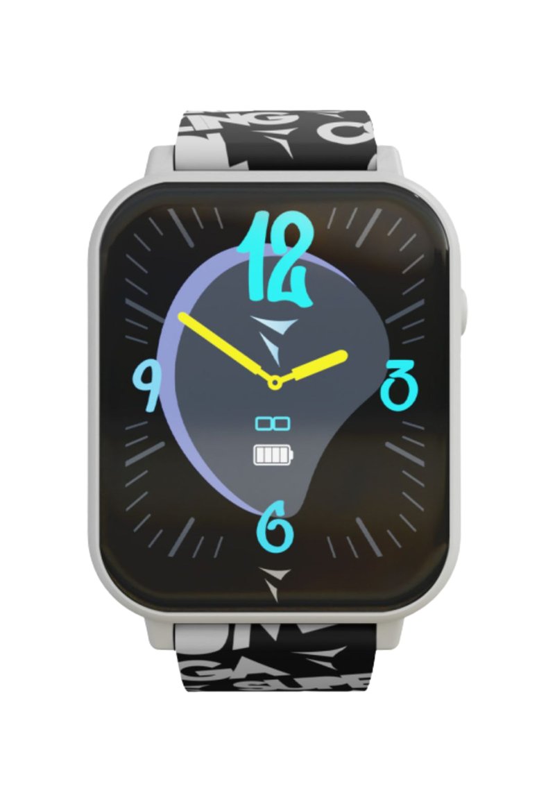 Quadratische Smartwatch mit einem grauen Aluminiumgehäuse, buntem digitalen Display, schwarzem Armband mit weißen Text und cartoonhaften grafischen Elementen.