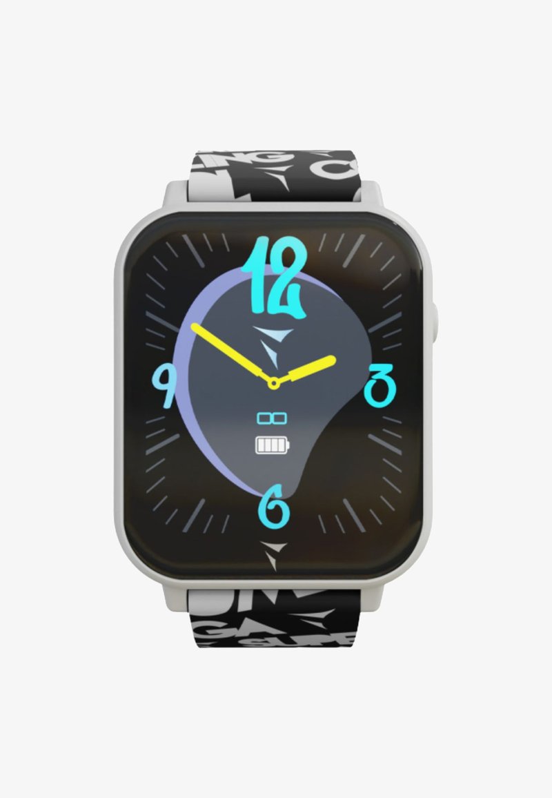 Quadratische Smartwatch mit einem grauen Aluminiumgehäuse, buntem digitalen Display, schwarzem Armband mit weißen Text und cartoonhaften grafischen Elementen.