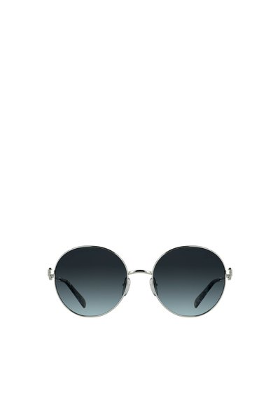 Occhiali da sole tondi con lenti grigie sfumate, montatura in metallo argentato e stanghette nere testurizzate. Design minimalista senza ulteriori dettagli.