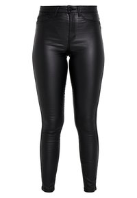 Black faux leather skinny jeans with a high waist, smooth texture, and five-pocket design. Features a front zipper and button closure.
