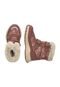 Rosa vinterkängor med en mjuk, konstgjord pälskrage, snöflingemönster, vadderade sidor och justerbara remmar; gummisulor för bra grepp.