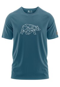 Teal short-sleeve t-shirt made of soft fabric features a white geometric bear design at the center. Minimalist logo on the sleeve.