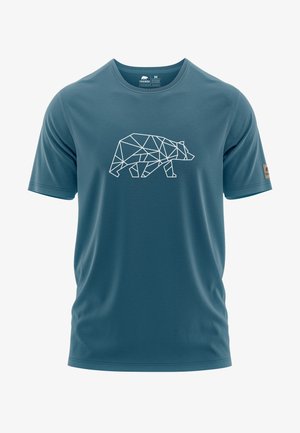 Teal kortemouwen t-shirt van zacht materiaal met een wit geometrisch berenontwerp in het midden. Minimalistisch logo op de mouw.