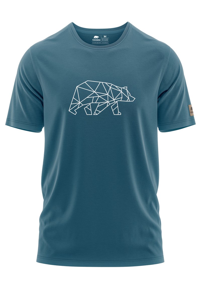 Teal short-sleeve t-shirt made of soft fabric features a white geometric bear design at the center. Minimalist logo on the sleeve.
