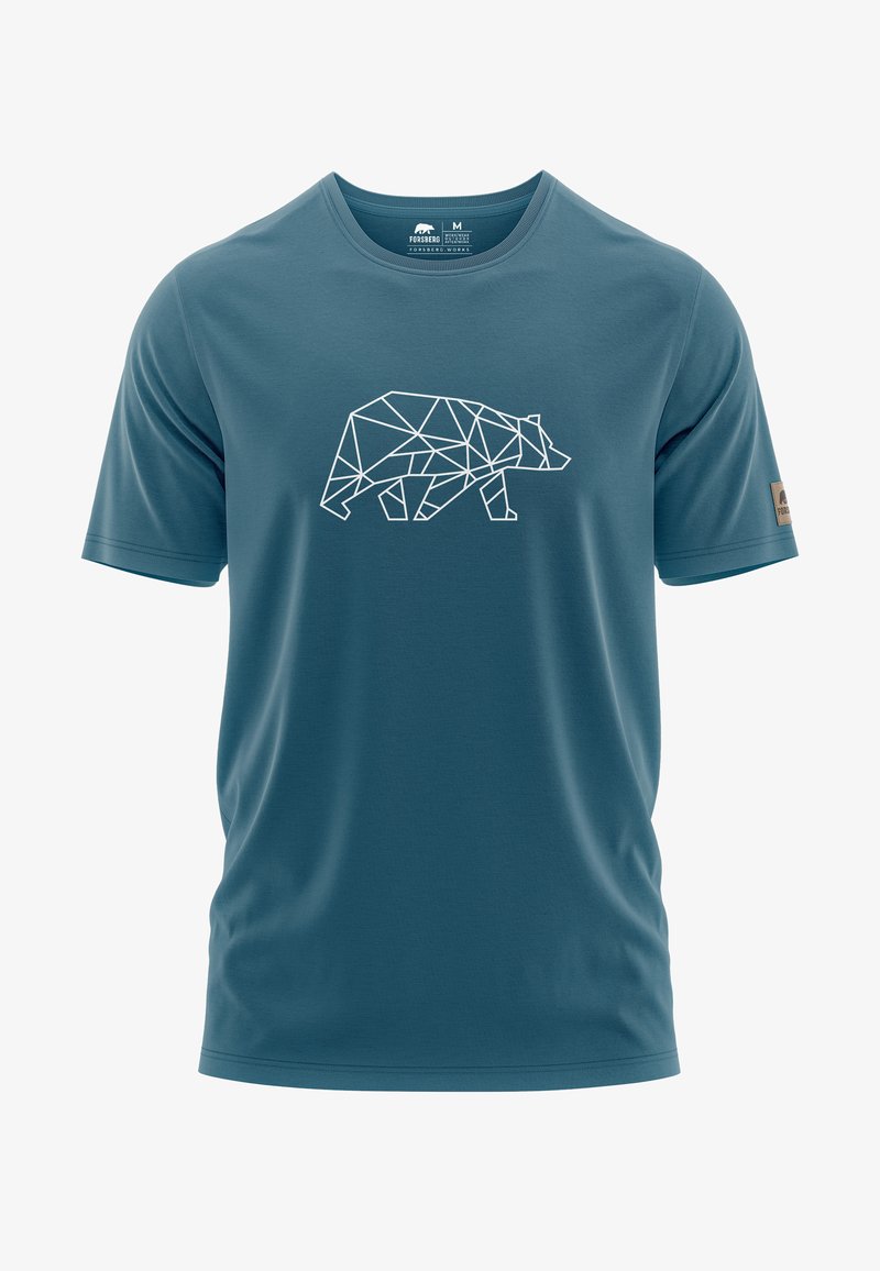 Camiseta de manga corta color azul verdoso, confeccionada en una tela suave, que presenta un diseño de oso geométrico blanco en el centro. Logo minimalista en la manga.