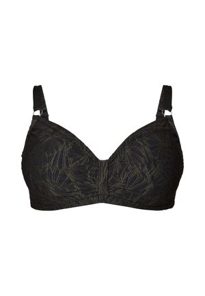 Čierna podprsenka s jemným kvetinovým vzorom, nastaviteľnými ramienkami s kovovými krúžkami a nariaseným detailom látky v strede vpredu.