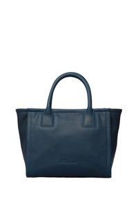 Sac fourre-tout en cuir bleu avec un design structuré, doté de deux poignées courtes, de détails en couture et d'un logo embossé sur le devant.