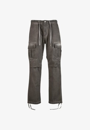 Cargo-Hosen aus einem verblassten grauen Stoff, mit einem elastischen Bund und Kordelzügen, seitlichen Taschen und schmal zulaufenden Beinen mit Bindebändern am Saum.