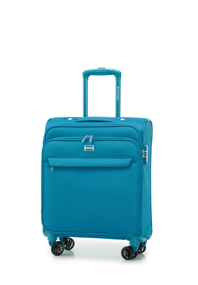 Valigia da viaggio color turchese con manico estensibile, numerosi scomparti con zip e quattro ruote girevoli per una facile manovrabilità.