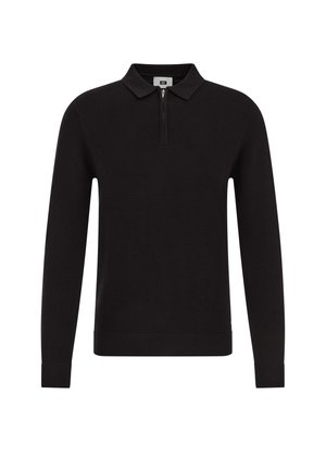 Pulover negru cu guler cu fermoar, mâneci lungi, manșete și tiv cu țesătură în relief, având un model tricotat texturat pe întreaga suprafață.