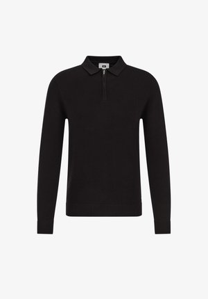 Fekete pulóver cipzáros gallérral, hosszú ujjal, bordázott mandzsettával és szegéllyel, egészén texturált kötött mintával.