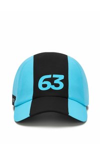 Czapka w czarno-niebieskim designie. Duża niebieska grafika "63" z przodu. Wykonana z miękkiego materiału z zakrzywionym rondem.
