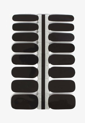 Toppe per unghie nere a forma ovale disposte su uno sfondo bianco; ciascuna toppa ha una finitura lucida. Striscia centrale per un'applicazione facile.