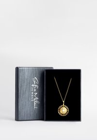 Gulved pendant halskæde med et cirkulært design, der har strålende linjer og en central sten, præsenteret i en sort fløjlskasse.