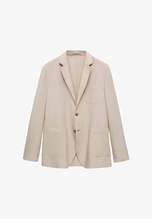 Blazer en lin beige avec deux poches avant, fermeture à un bouton, revers cranté et coupe ajustée. Texture lisse et détails minimaux.