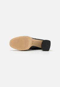 Chaussure à talons noirs avec un dessus lisse, un bout arrondi et une semelle en caoutchouc texturé comportant des rainures horizontales pour une meilleure adhérence.