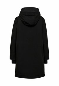 Fekete, hosszú parkajacket kapucnival, sima textúrával, egyenes szabással és rejtett varrásokkal, funkciót és meleget biztosít.