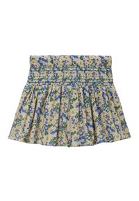 Jupe fleurie en beige avec des fleurs bleues et vertes, taille élastique froncée et plissés évasés. Tissu léger avec une texture douce.