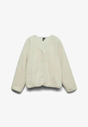 Faux fur-jakke i lys elfenben, med V-hals, frontknapper og to sidelommer med en myk tekstur.