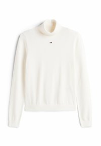 Weißer, langärmeliger Rollkragenpullover mit gerippten Bündchen und Saum, versehen mit einem kleinen rot-weiß-blauen Logo auf der Brustmitte.