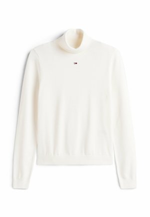 Suéter blanco de manga larga y cuello alto con puños y dobladillo acanalados, que presenta un pequeño logo en rojo, blanco y azul en el centro del pecho.