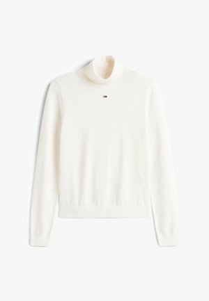 Biały sweter z długim rękawem i golfem, z prążkowanymi mankietami i dołem, zdobiony małym czerwono-niebiesko-białym logo na środku klatki piersiowej.