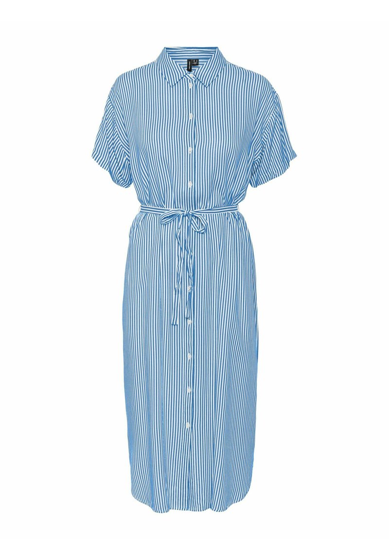 Abito a righe blu e bianche, maniche corte, con bottoni davanti, vita con cintura, lunghezza al ginocchio, tessuto leggero e design casual.