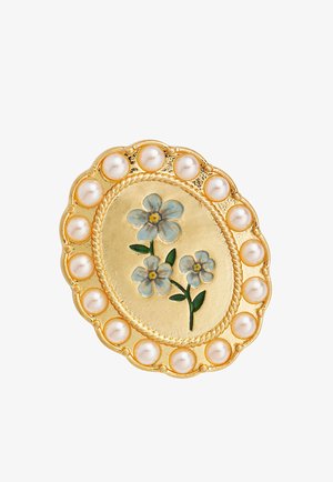 Gold oval brooch with blue enamel flowers in the center, surrounded by a border of round white pearls.
