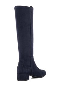 Knee-high navy suede boots with a block heel, smooth texture, and a fitted silhouette. Side seam detail adds subtle design interest.