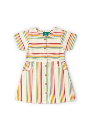 Kurzärmeliges cremefarbenes Kleid mit vertikalen und horizontalen mehrfarbigen Streifen, Knöpfen vorne und zwei Seitentaschen.
