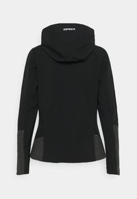 Chaqueta negra con capucha y detalles en gris texturizado en las mangas y los lados. Fabricada con material ligero, presenta un diseño elegante y ajustado.